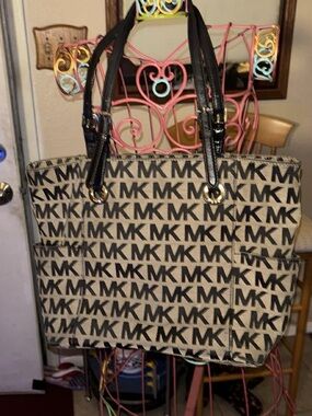 Michael Kors Black Logo Canvas Tote with Black Handles